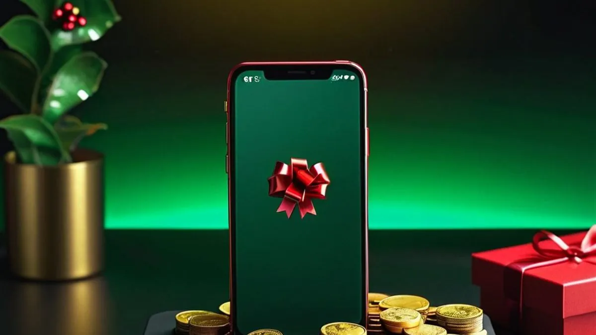 Celular con el icono de una caja de regalo en pantalla verde junto a monedas doradas