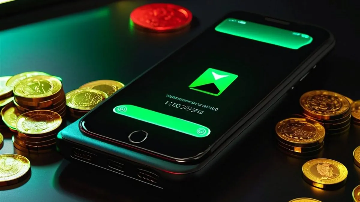 Celular sobre un escritorio oscuro con una flecha verde en pantalla y monedas doradas alrededor
