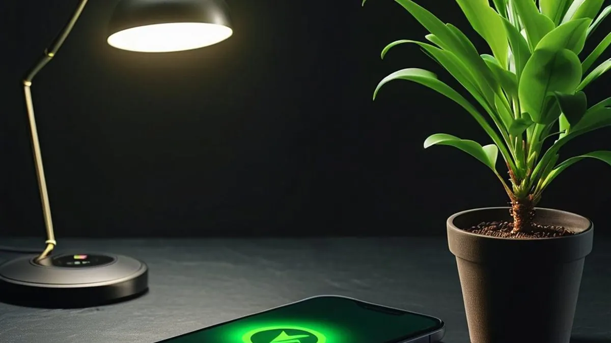 Celular sobre un escritorio con una marca de verificación verde en la pantalla junto a una planta