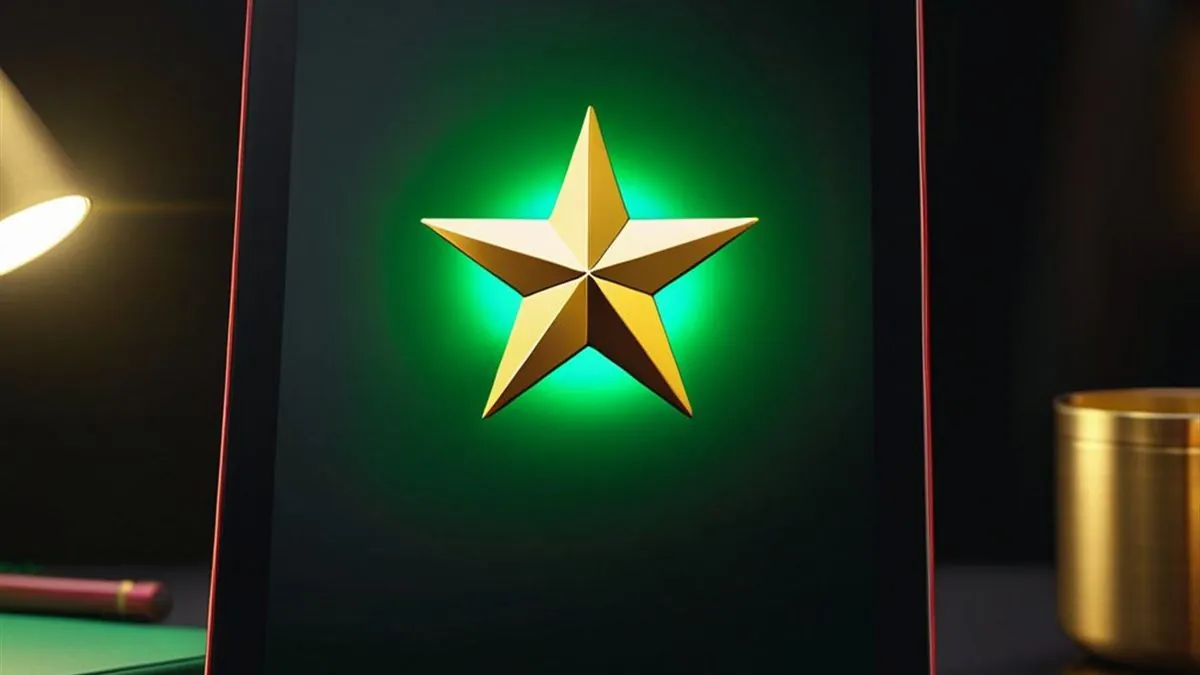 Tablet en un escritorio oscuro con una estrella dorada luminosa en la pantalla y monedas al frente