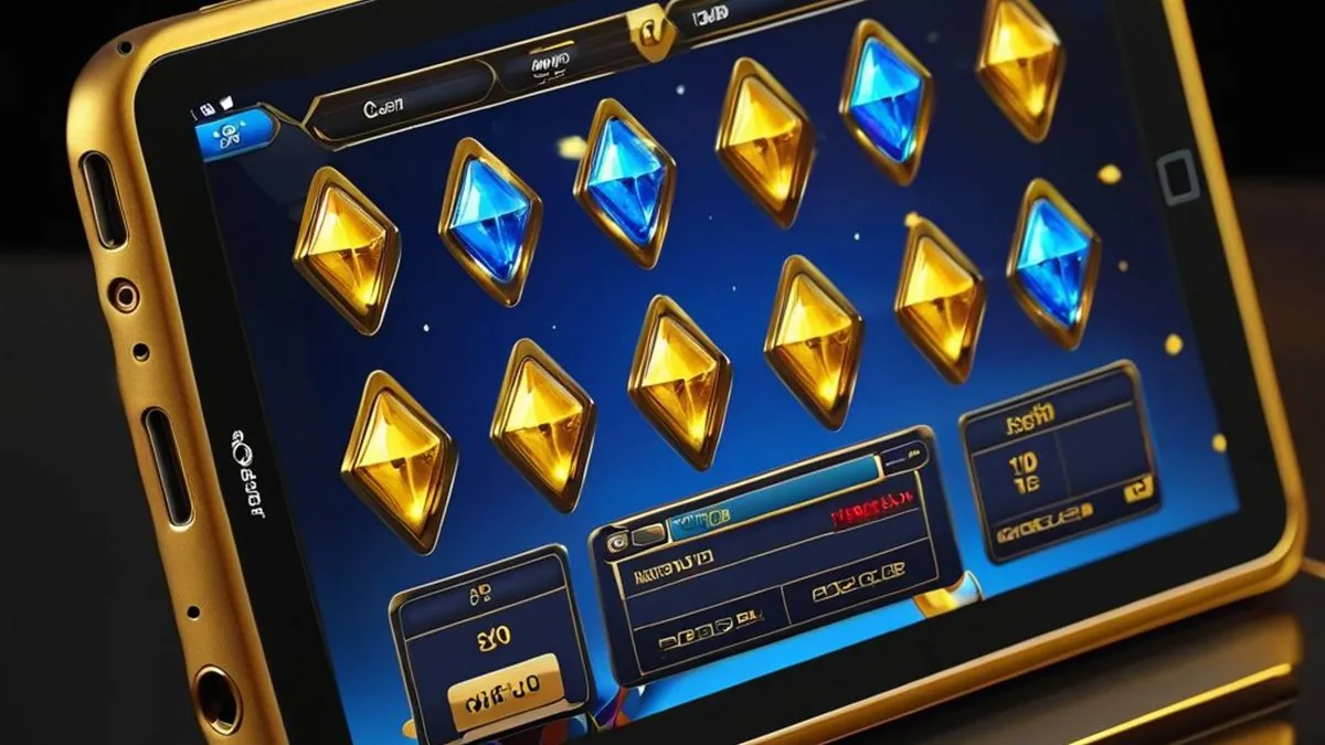 Tablet con carretes de tragamonedas de gemas doradas y azules sobre un escritorio oscuro